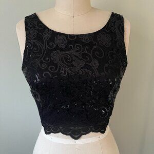 Jodi Kristopher Crop Top Black Lace Sequin Wide Strap Fully Lined Zipper Sz 1